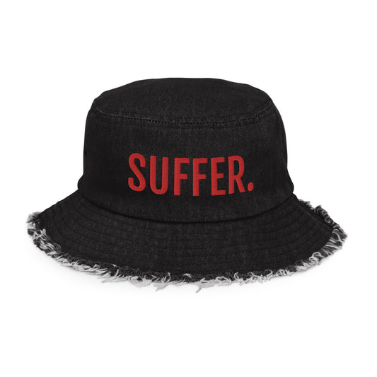 RED SUFFER Distressed Denim Bucket Hat
